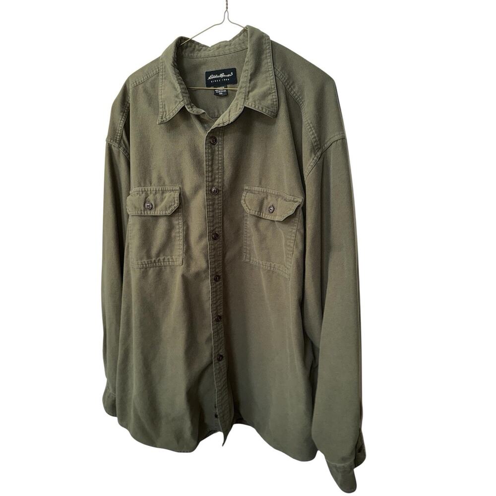 Eddie Bauer XXL Olive Green Cotton‎ Twill Utility Work Shirt Outdoors Y2K Dad